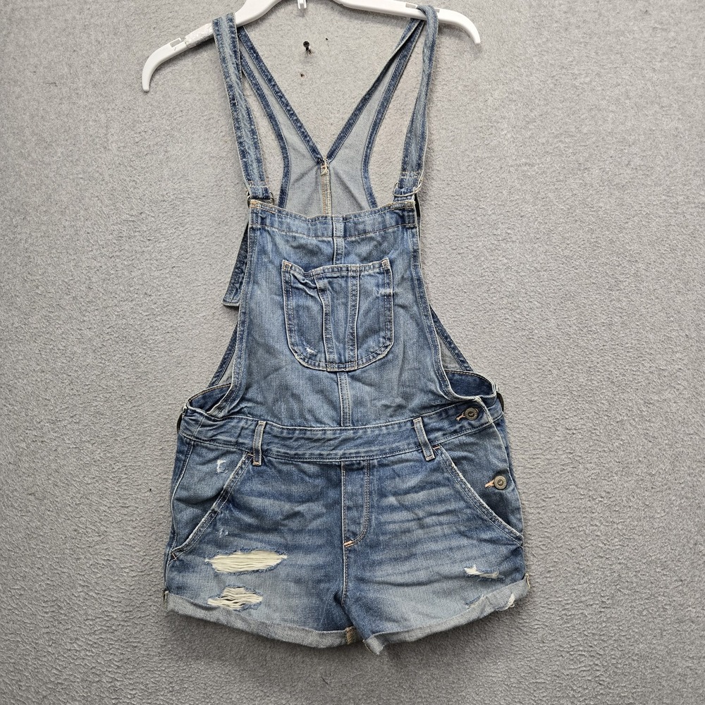 Hollister Women Shorts M Blue Denim Overall Shortalls 2" Inseam Logo